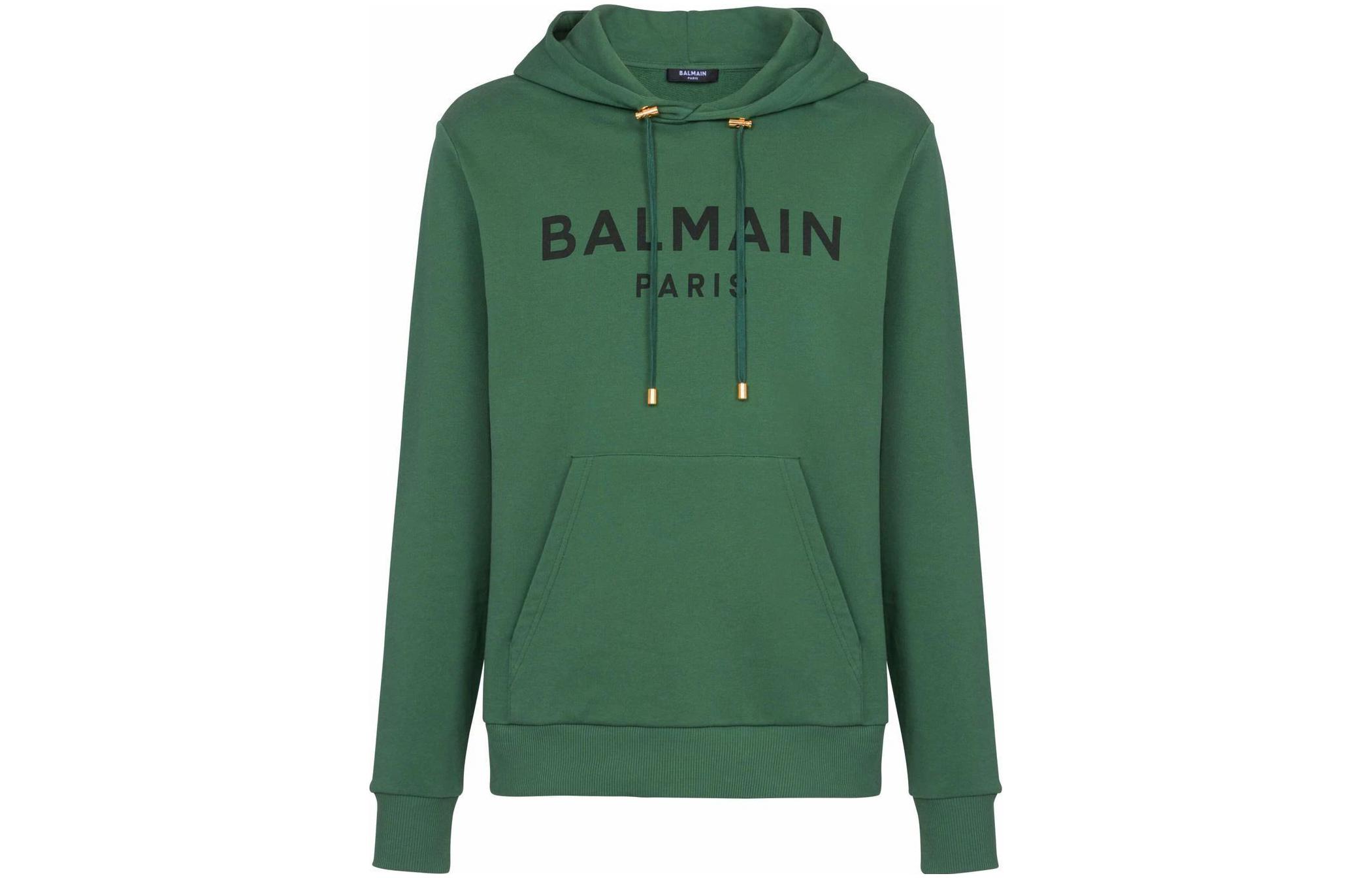 BALMAIN FW22  Green Logo Print Drawstring Hoodie Pullover. YH1JR002BB65UDD