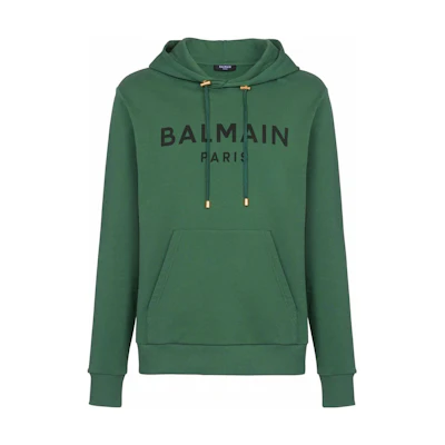 BALMAIN FW22 Green Logo Print Drawstring Hoodie Pullover. YH1JR002BB65UDD