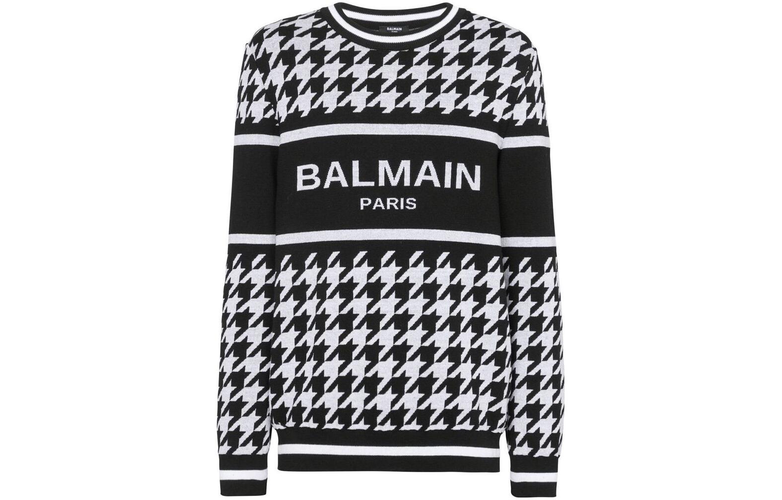 BALMAIN FW22  Logo Jacquard Houndstooth Wool Sweater - Black YH1KD000KC08-GAB