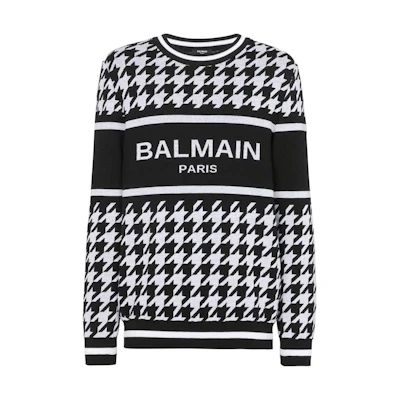 BALMAIN FW22 Logo Jacquard Houndstooth Wool Sweater - Black YH1KD000KC08-GAB