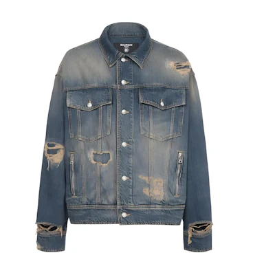 BALMAIN FW22 Single-Breasted Distressed Denim Jacket Blue YH1TC147DC396FC