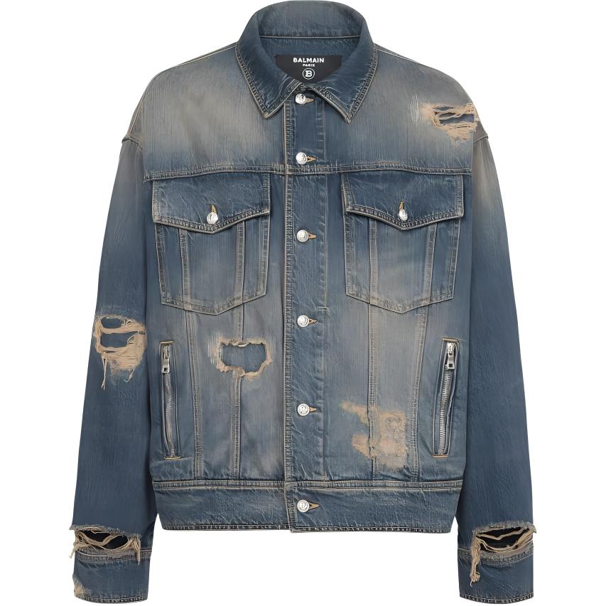 Order BALMAIN FW22 Jaket Denim Biru Single-Breasted Distressed YH1TC147DC396FC