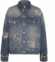 Order BALMAIN FW22 Single-Breasted Distressed Denim Jacket Blue YH1TC147DC396FC