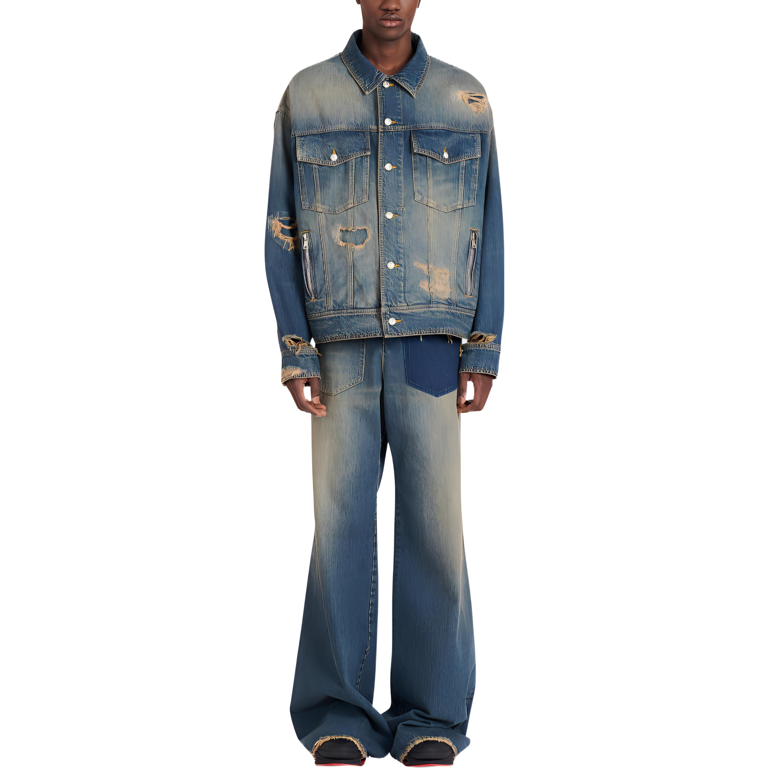 Lookbook BALMAIN FW22 Jaket Denim Biru Single-Breasted Distressed YH1TC147DC396FC