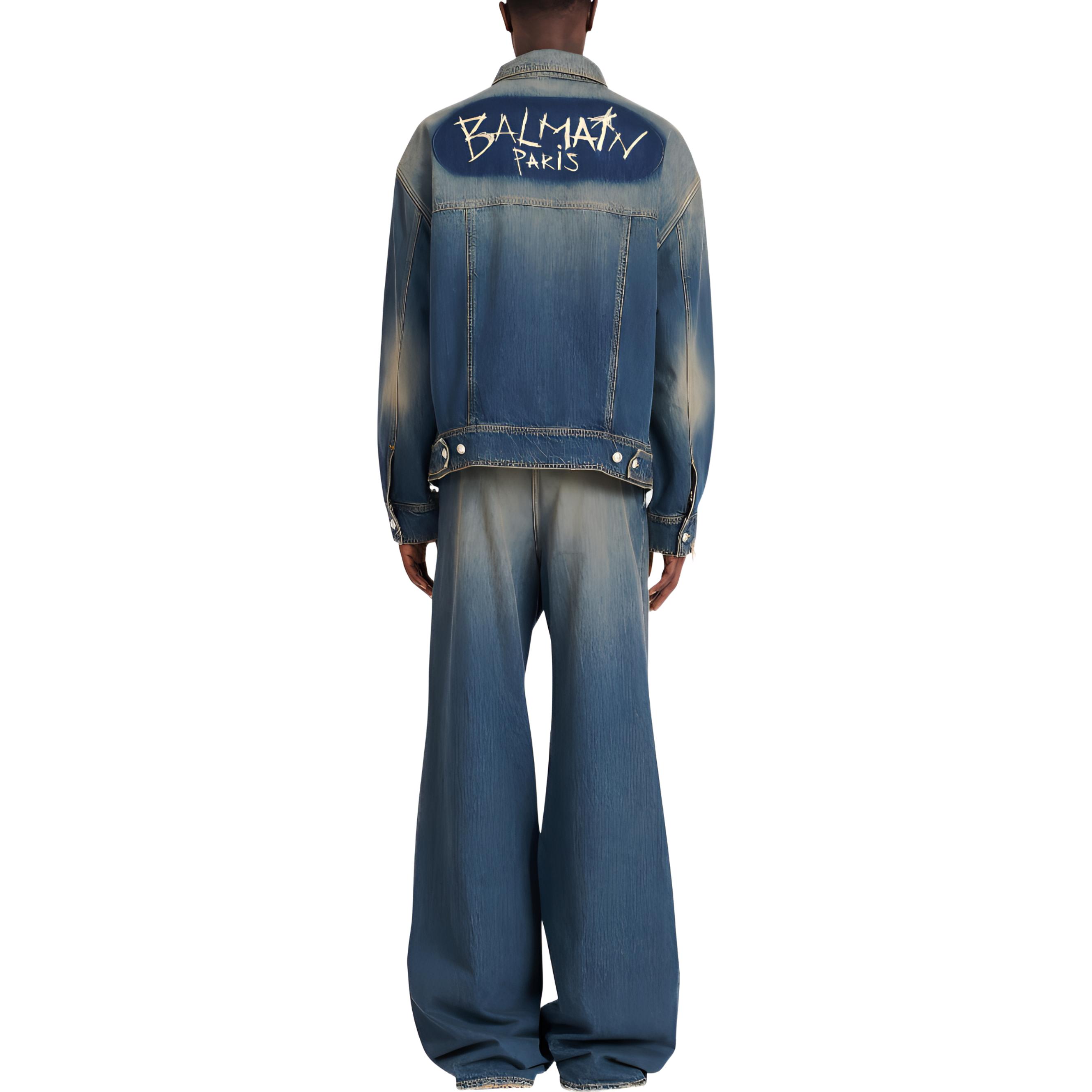 Shop BALMAIN FW22 Jaket Denim Biru Single-Breasted Distressed YH1TC147DC396FC