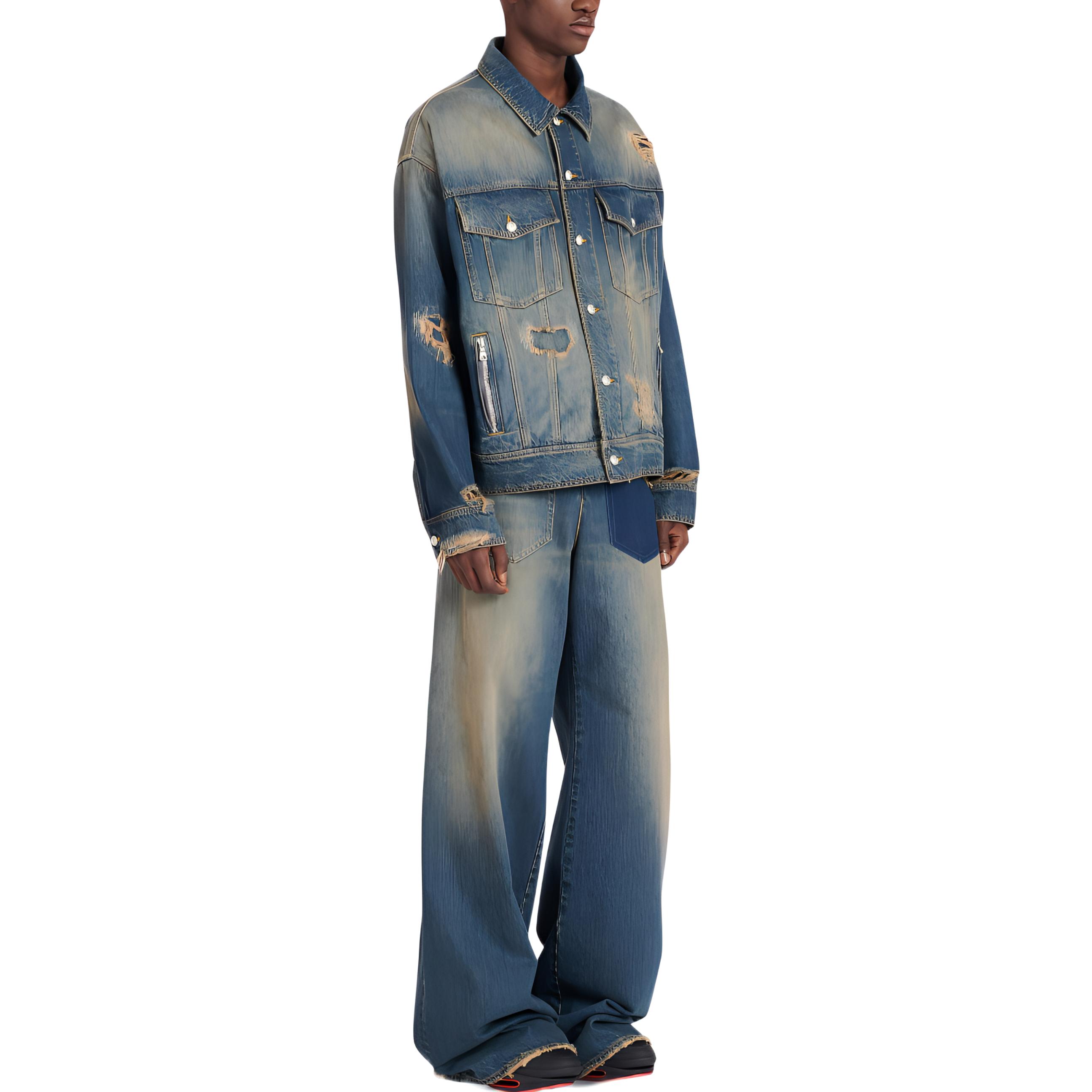 Purchase BALMAIN FW22 Jaket Denim Biru Single-Breasted Distressed YH1TC147DC396FC