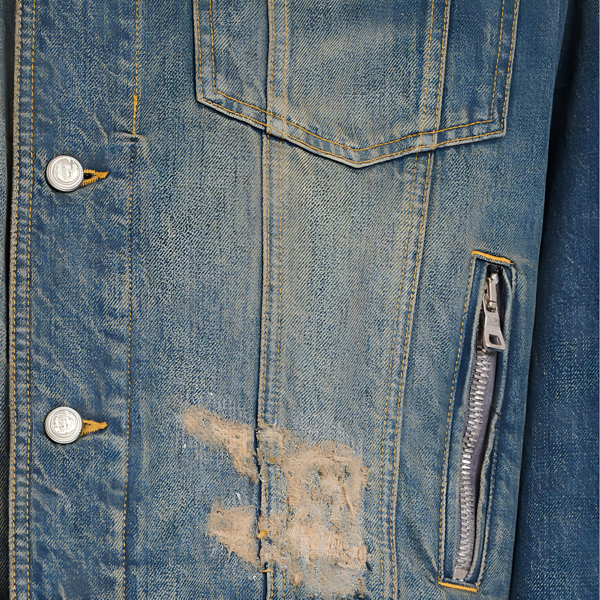 Sizing BALMAIN FW22 Jaket Denim Biru Single-Breasted Distressed YH1TC147DC396FC