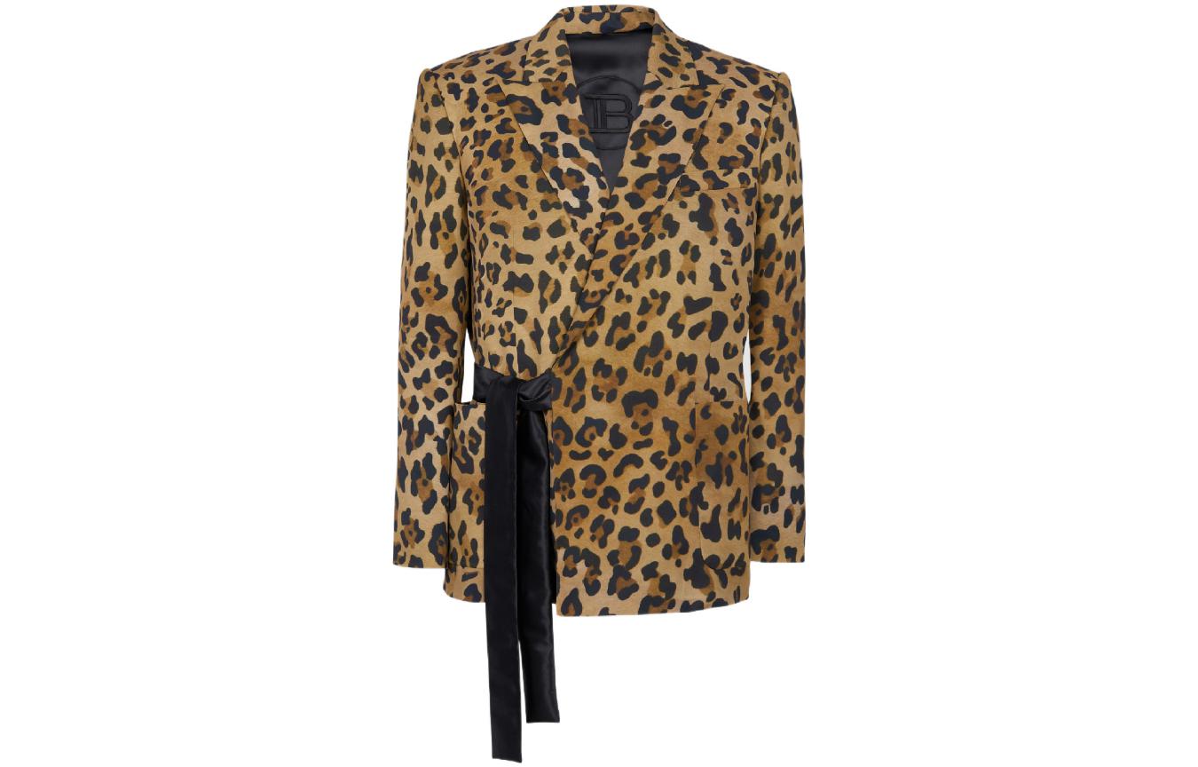Balmain FW22 Asymmetrical Leopard Print Long Sleeve Jacket Brown AH1SI158VC83-WAA