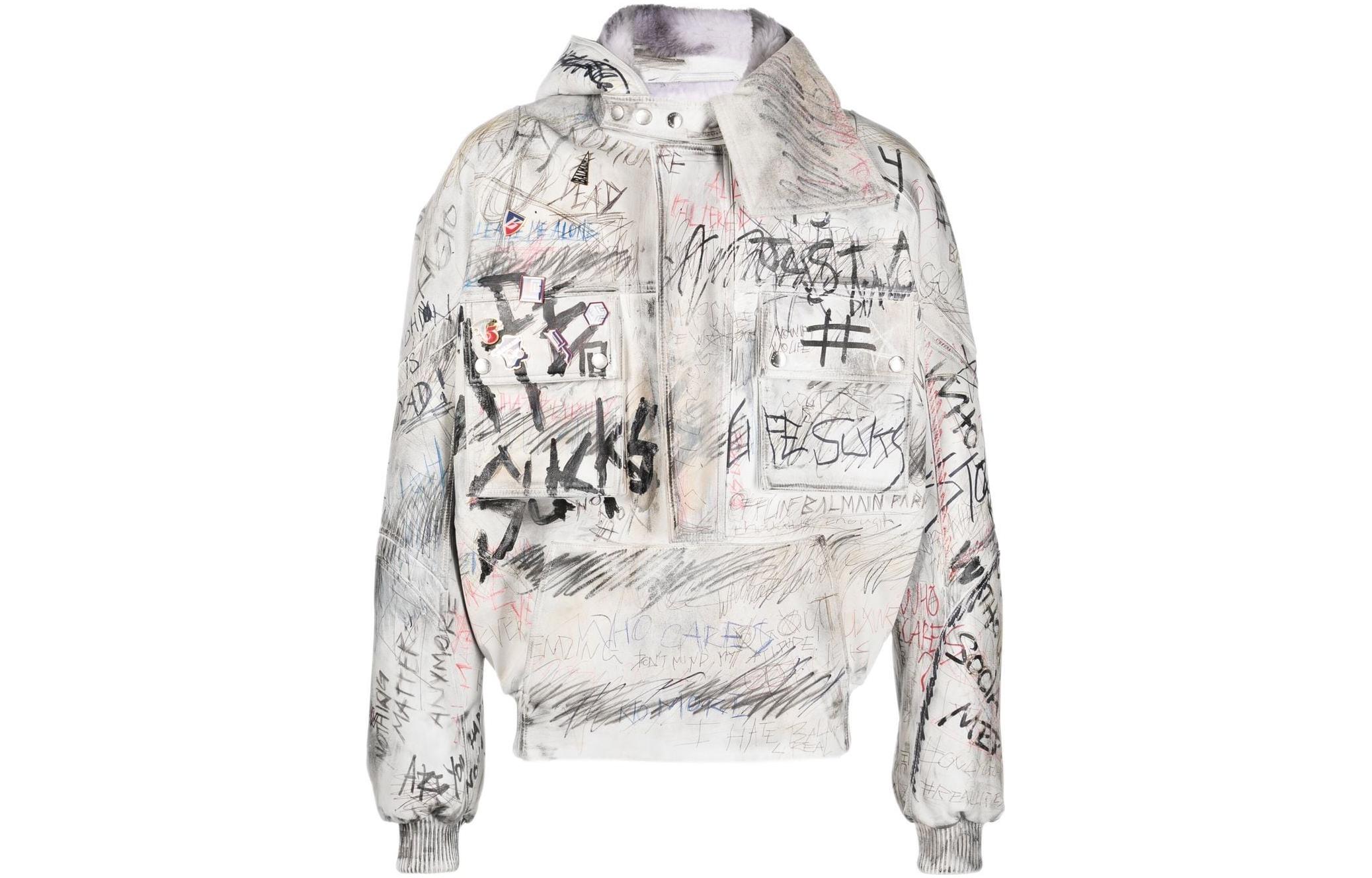 Balmain FW22 Beige Letter Print Zip-Up Hooded Jacket YH1TH240LB67GCS