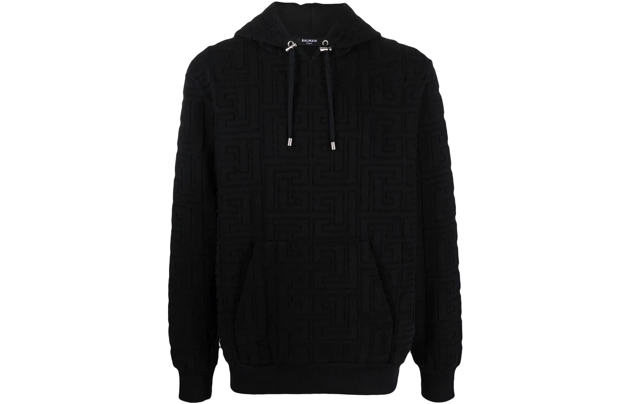 Balmain FW22 Black Embossed Logo Kangaroo Pocket Hoodie XH1JR002BB08EAP