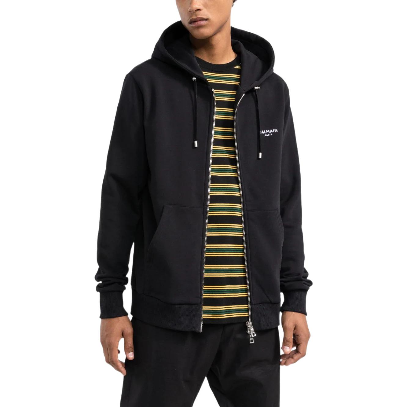 Purchase BALMAIN FW22 Jaket Hoodie Hitam Berzip dengan Logo Cetak untuk Lelaki. YH1JX000BB04000EAB