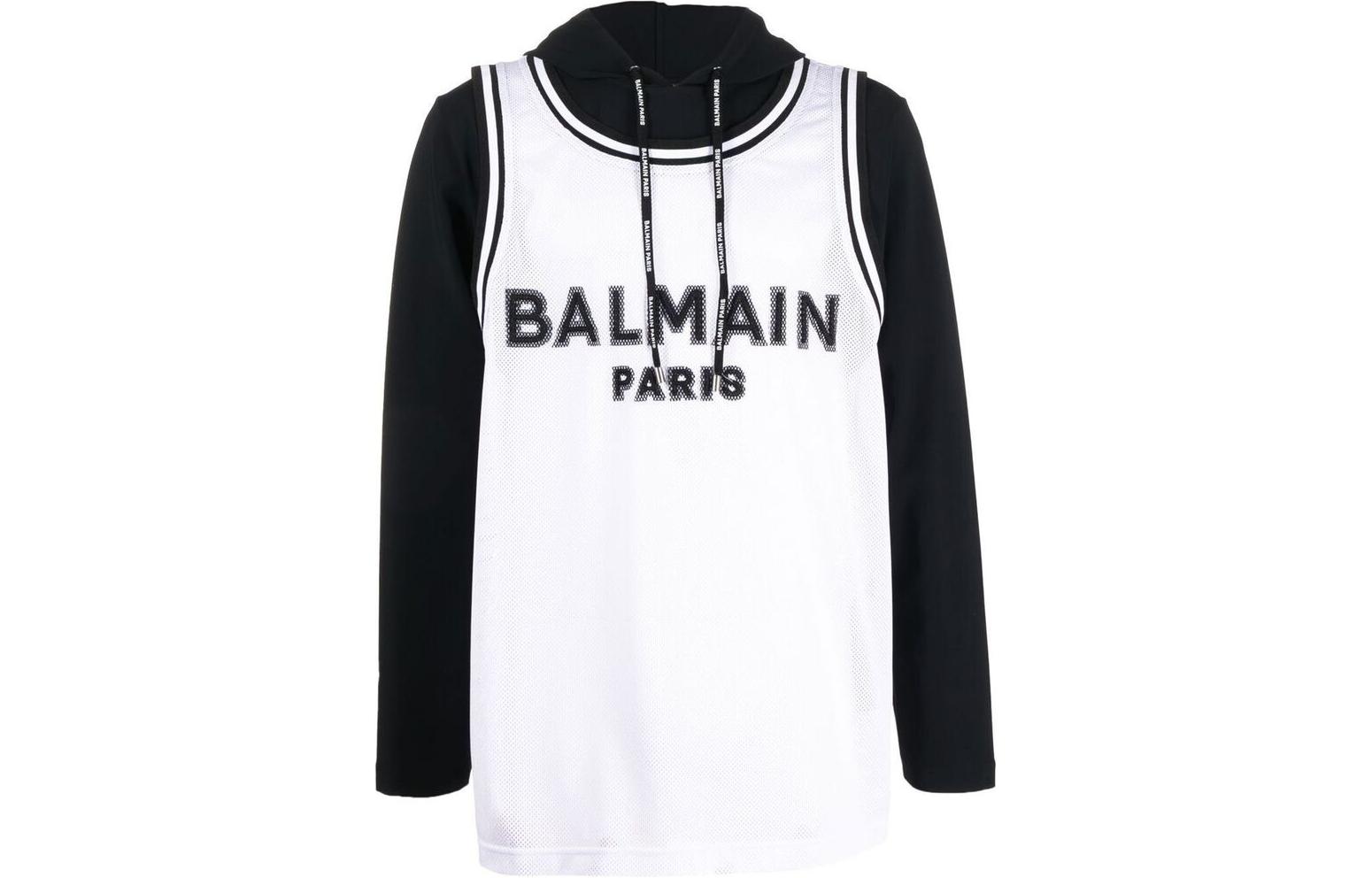 Balmain FW22 Color Block Logo Print Pullover Hoodie White Mens BWMHE0690110