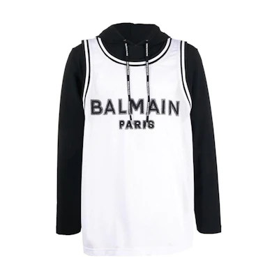 Balmain FW22 Color Block Logo Print Pullover Hoodie White Mens BWMHE0690110
