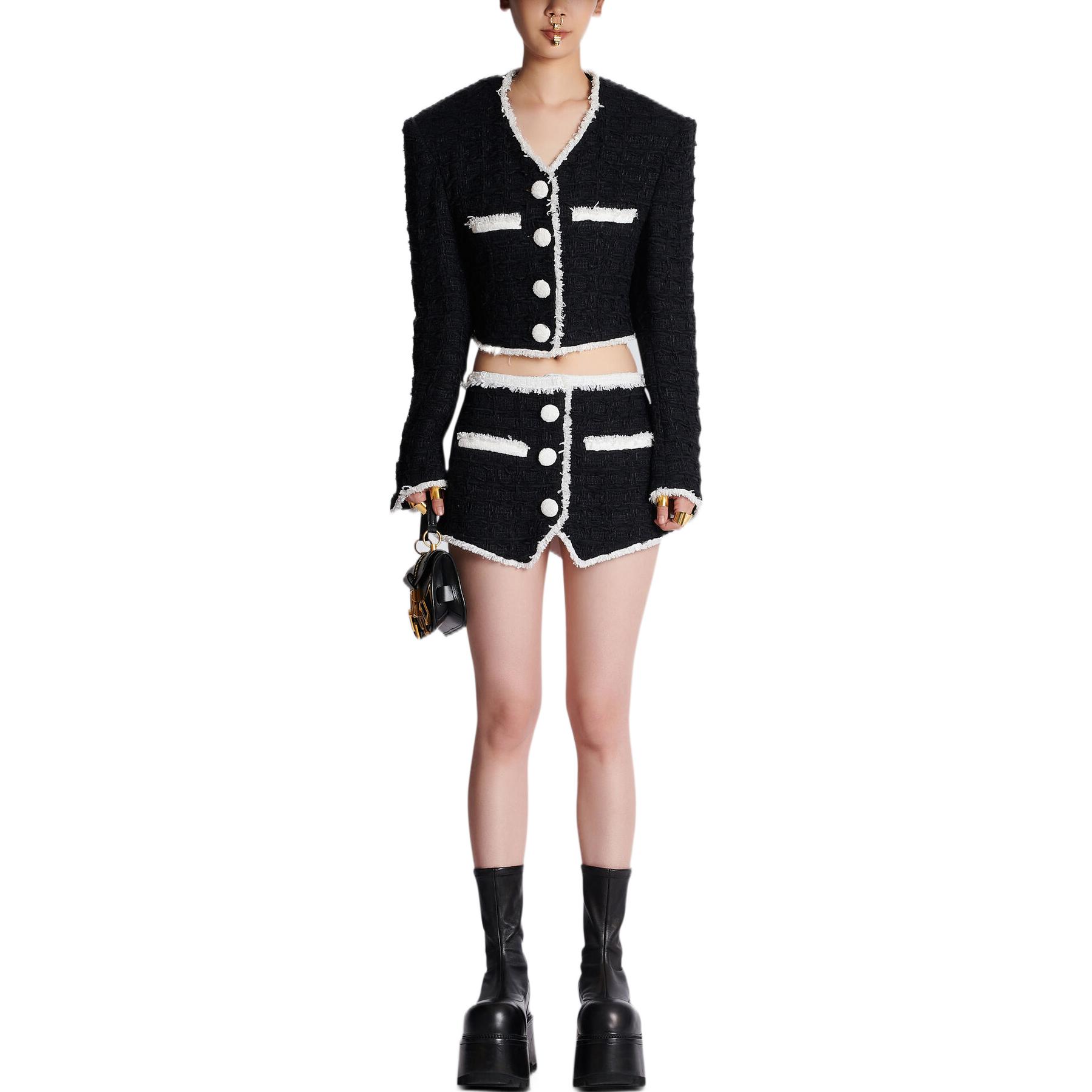 Lookbook 발망 FW22 대비 버튼 포켓 미니스커트 블랙 AF1LA050XC09-EAB