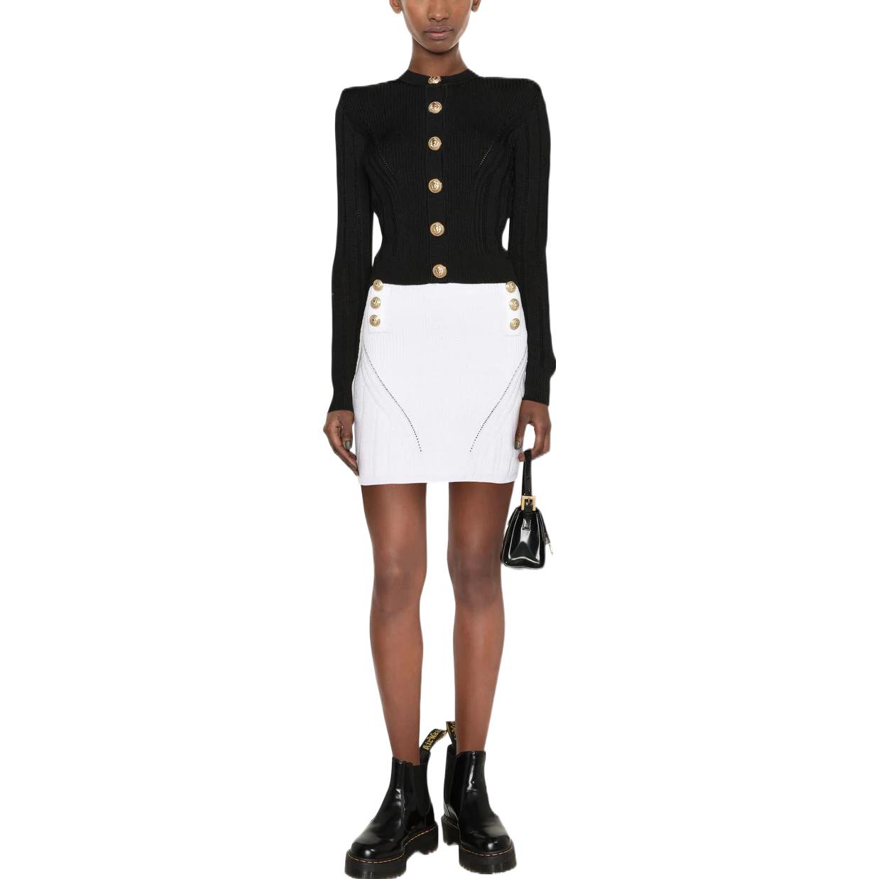 Lookbook 발망 FW22 더블 브레스트 피티드 미디 스커트 화이트. YF0LB192KB390FA