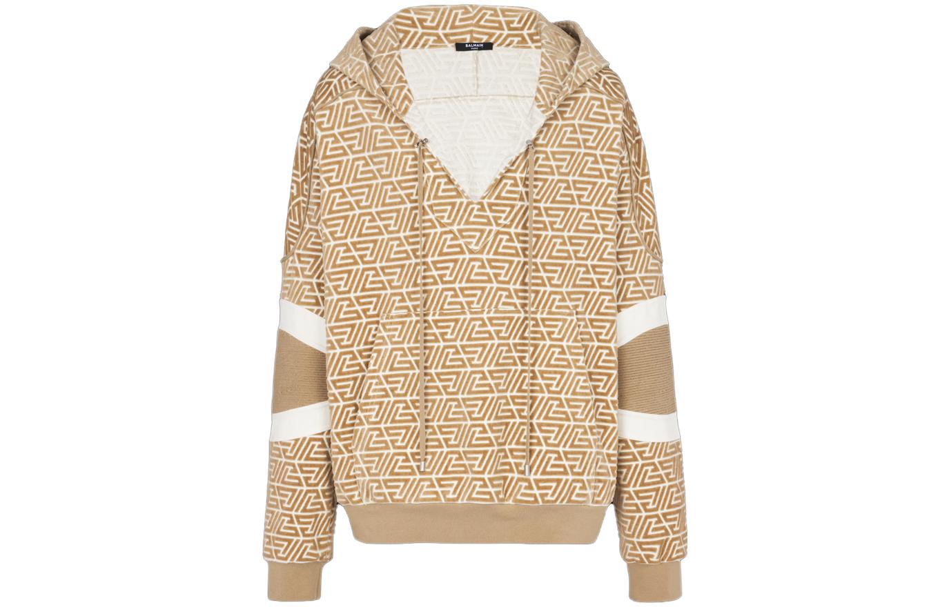 Balmain FW22 Geometric Print Beige Pullover Hoodie Men’s AH1JT165JF36-GLU