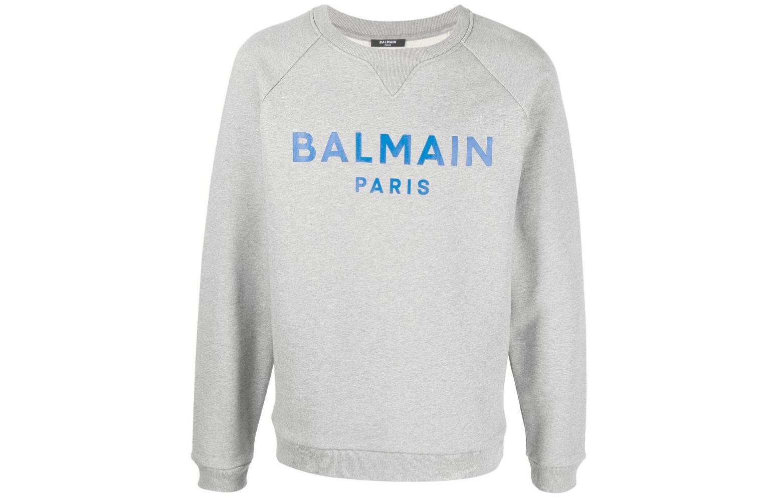 Balmain FW22 Grey Pullover Sweatshirt with Logo Print for Men YH4JQ005BB65-YDH