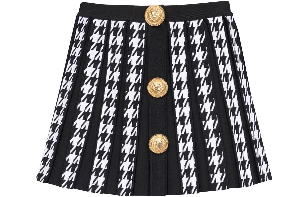 BALMAIN FW22 Houndstooth Pleated Mini Skirt Black YF1LB479KC23-EAB