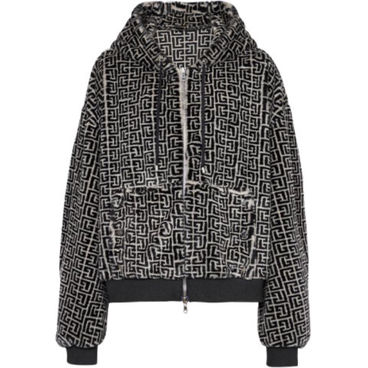 Balmain FW22 Logo Pattern Drawstring Hoodie Jacket Black YH1TH250XC71-GFE
