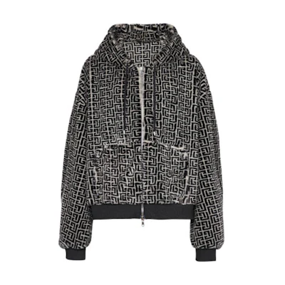 Balmain FW22 Logo Pattern Drawstring Hoodie Jacket Black YH1TH250XC71-GFE