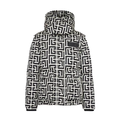 Balmain FW22 Monogram Hooded Puffer Jacket Black/White YH1TP081XB33-GFE