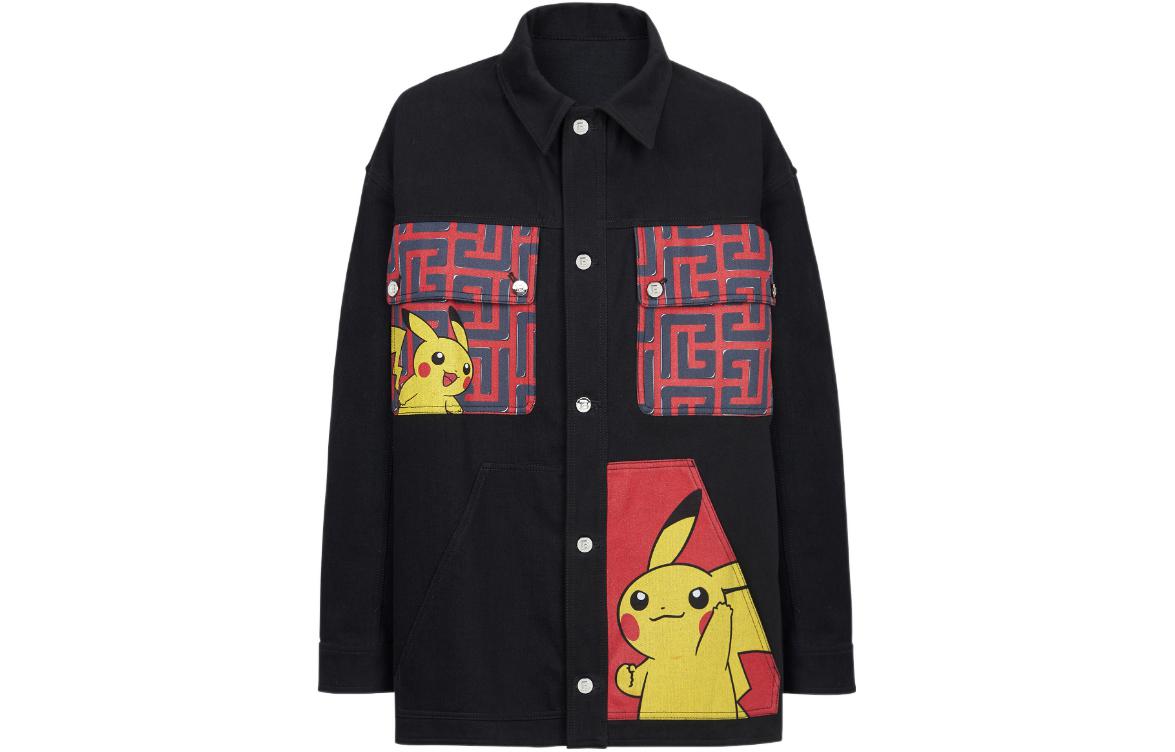 BALMAIN FW22 Pikachu Print Denim Jacket Black  Casual Outerwear YH3TC155DB95