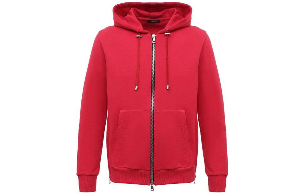 Balmain FW22 Solid Color Drawstring Zip Hoodie Red () UH13122I3393AA
