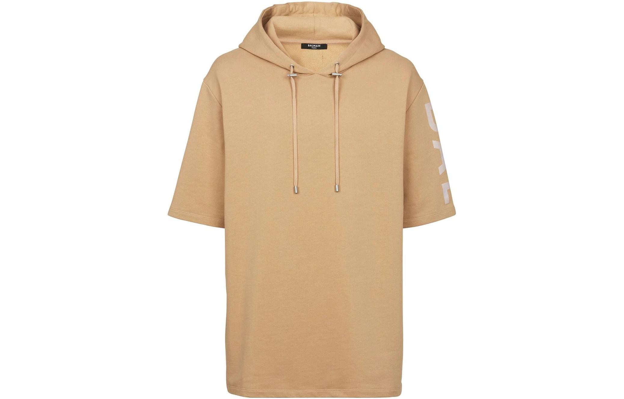 Balmain FW22 Solid Logo Print Short Sleeve Hoodie Beige () YH0JL000BB15-GID