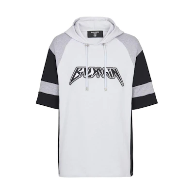 BALMAIN FW22 Striped Logo Print Short-Sleeve Hoodie White YH0JL015BB76SEM