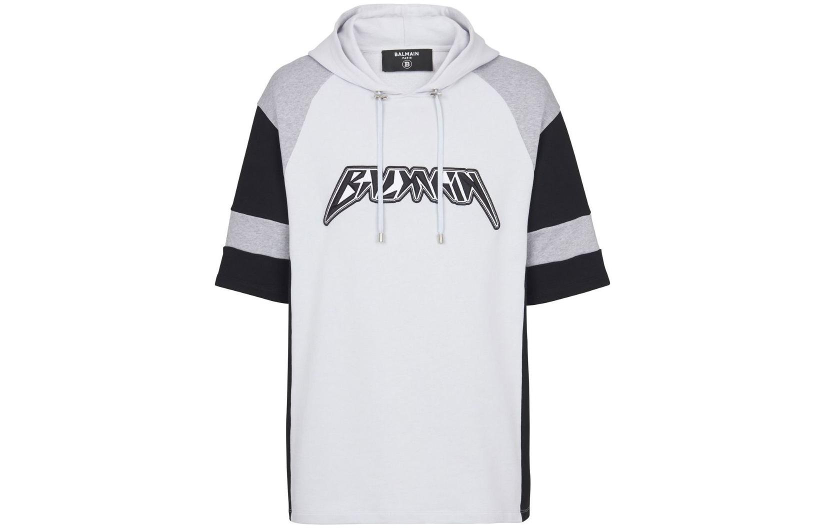 Order BALMAIN FW22 條紋Logo印花短袖連帽衫 白色 YH0JL015BB76SEM