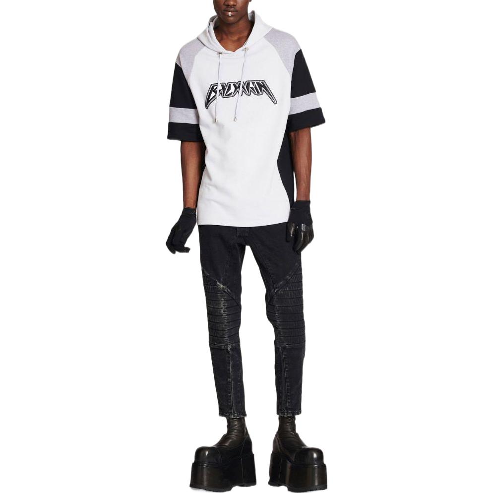 Lookbook BALMAIN FW22 條紋Logo印花短袖連帽衫 白色 YH0JL015BB76SEM