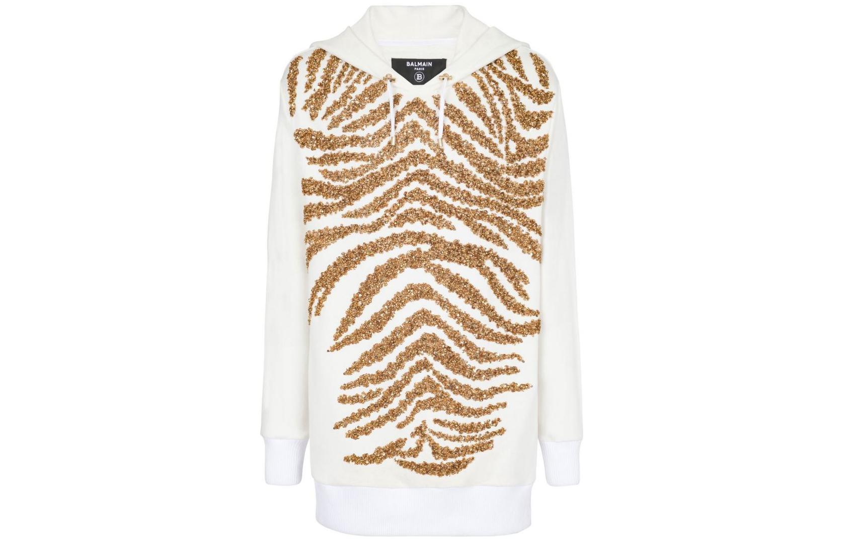 Balmain FW22 White Zebra Sequin Hoodie AH1JT046PB59GOLD