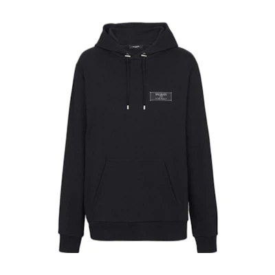 BALMAIN FW23 Black Hoodie with Solid Logo Patch. BH0JT047-JB53-0PA