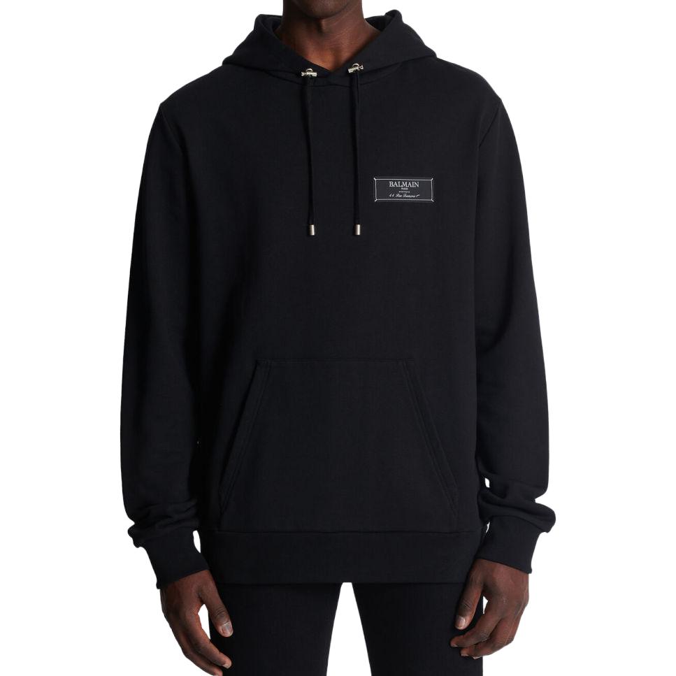 Shop BALMAIN FW23  Black Hoodie with Solid Logo Patch. BH0JT047-JB53-0PA