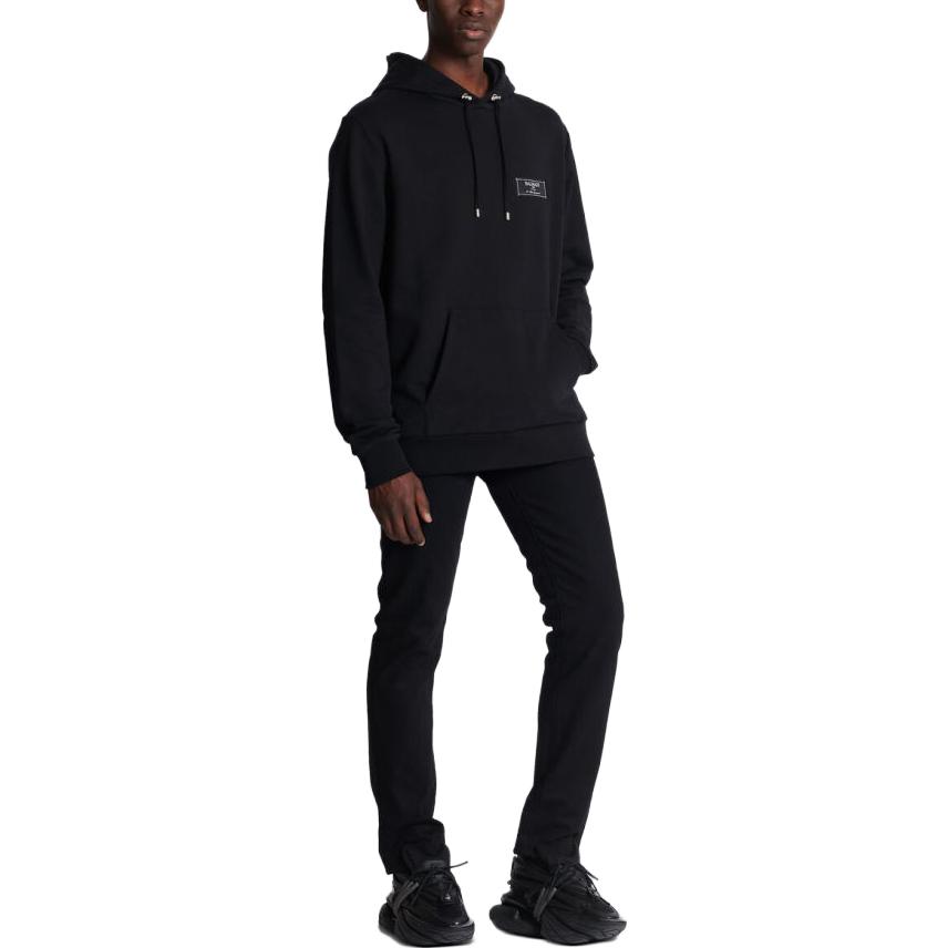 Details for BALMAIN FW23  Black Hoodie with Solid Logo Patch. BH0JT047-JB53-0PA