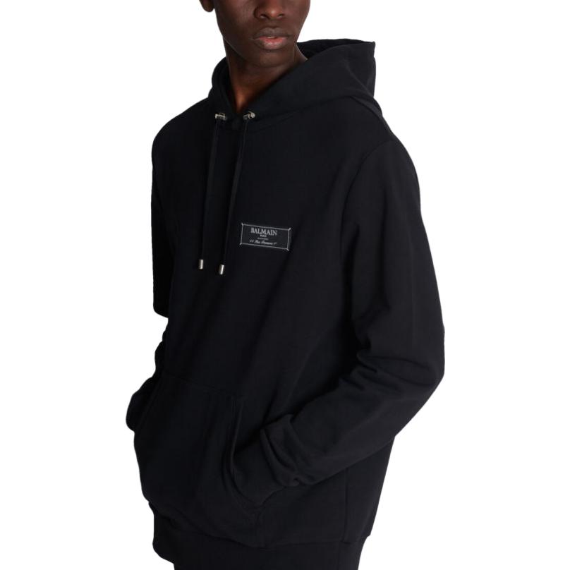 Sizing BALMAIN FW23  Black Hoodie with Solid Logo Patch. BH0JT047-JB53-0PA