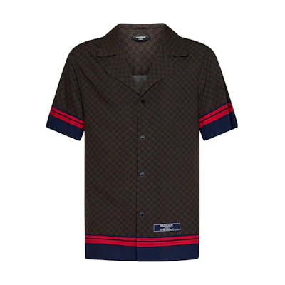 BALMAIN FW23 Brown Multicolor Pattern Printed Short Sleeve Shirt. BH0HN066-VD88-WGB
