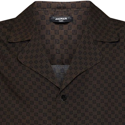 BALMAIN FW23 Brown Multicolor Pattern Printed Short Sleeve Shirt. BH0HN066-VD88-WGB Details for BALMAIN FW23 Brown Multicolor Pattern Printed Short Sleeve Shirt. BH0HN066-VD88-WGB