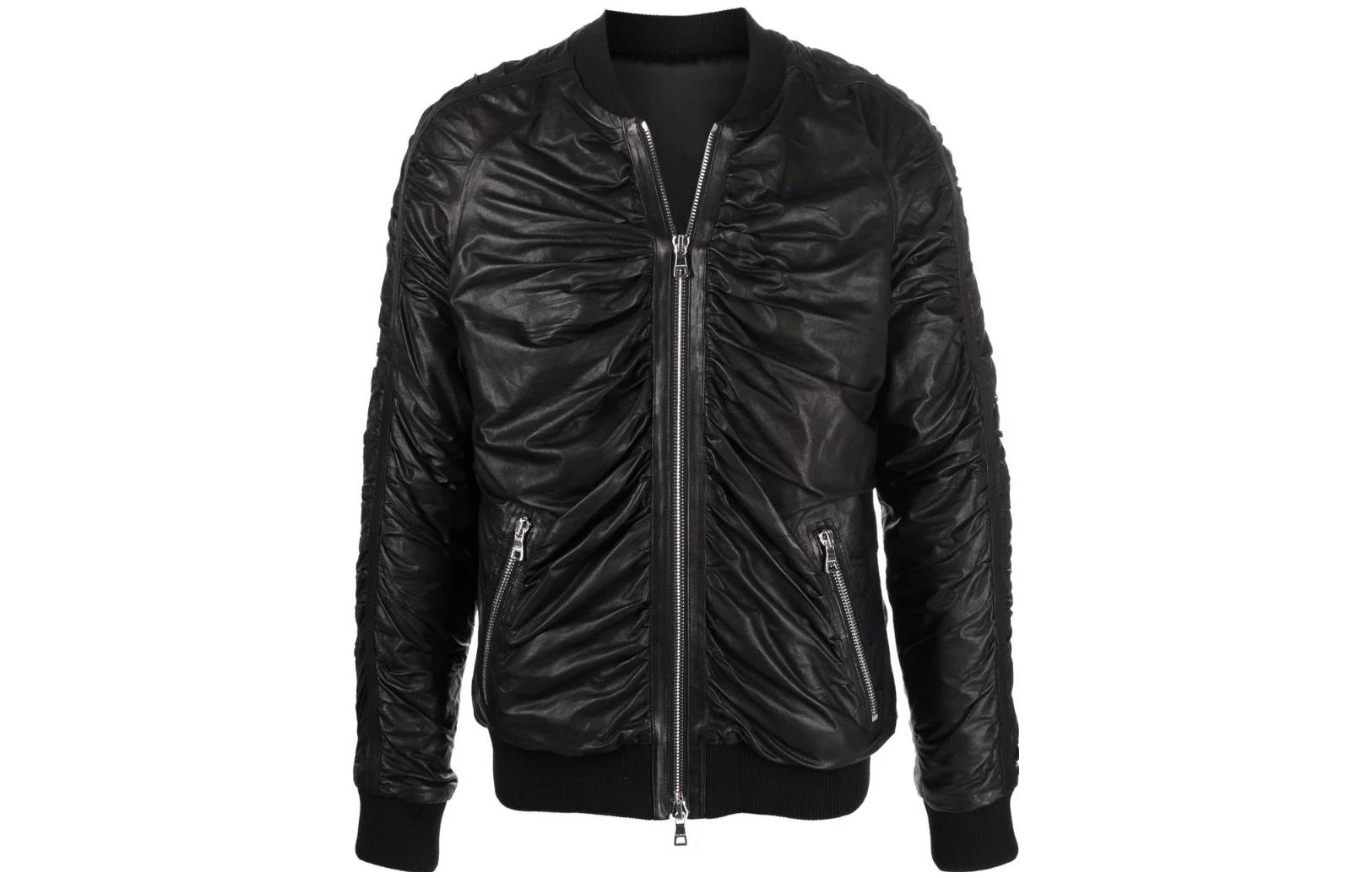 Balmain FW23 Black Pleated Leather Bomber Jacket Long Sleeve XH0TF190-LB32-0PA