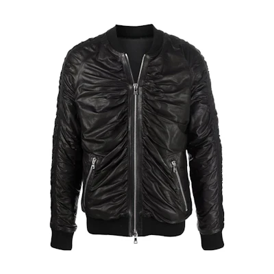 Balmain FW23 Black Pleated Leather Bomber Jacket Long Sleeve XH0TF190-LB32-0PA