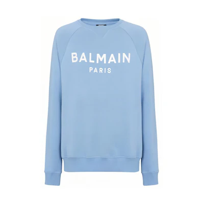 Balmain FW23 Blue Crewneck Sweatshirt with Balmain Paris Logo Print for Men CH1JQ005-BB65-SLJ