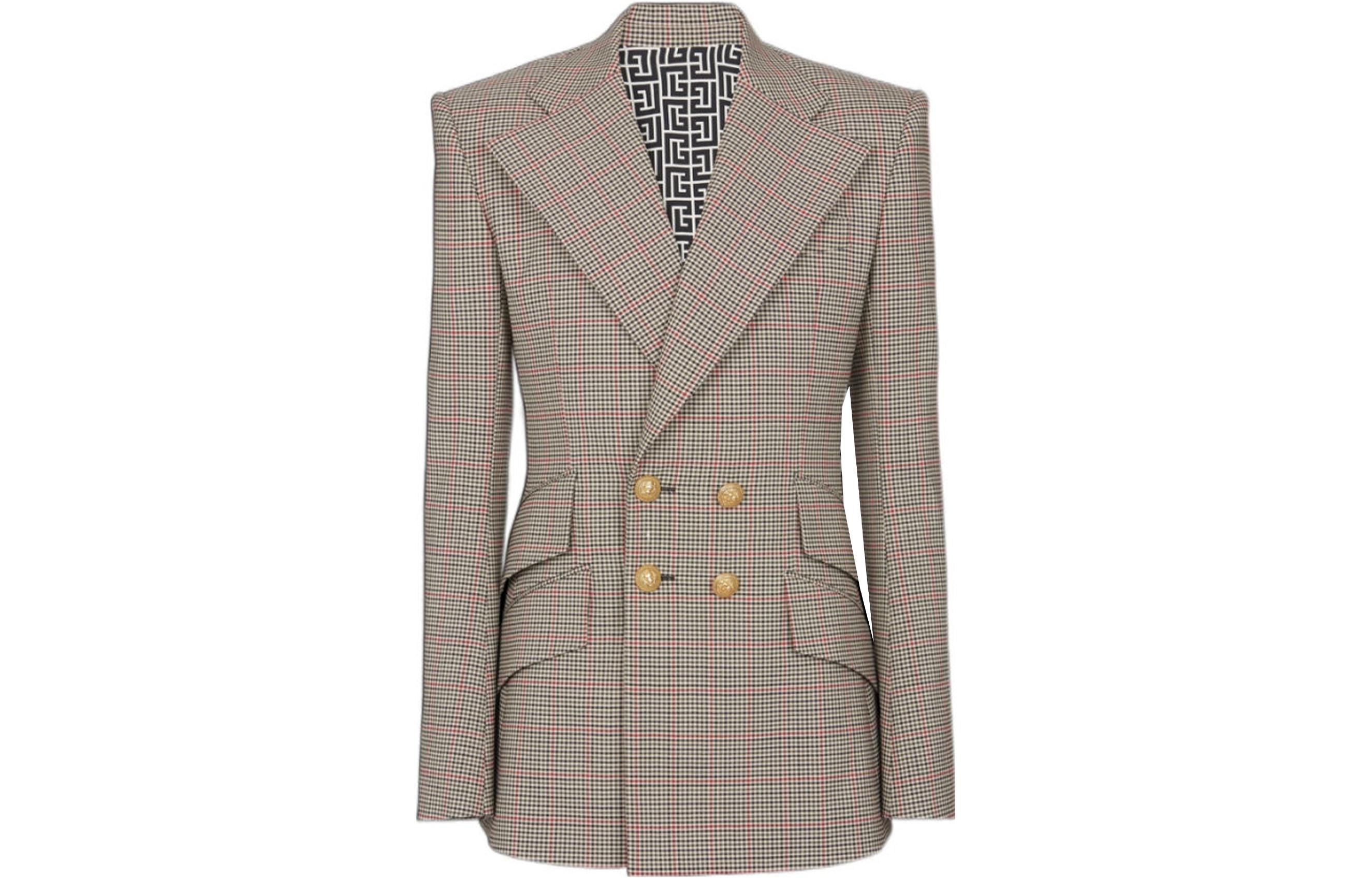 Balmain FW23 Check Double-Breasted Long Sleeve Jacket Beige Unisex BU1SI530-XF85-EFZ