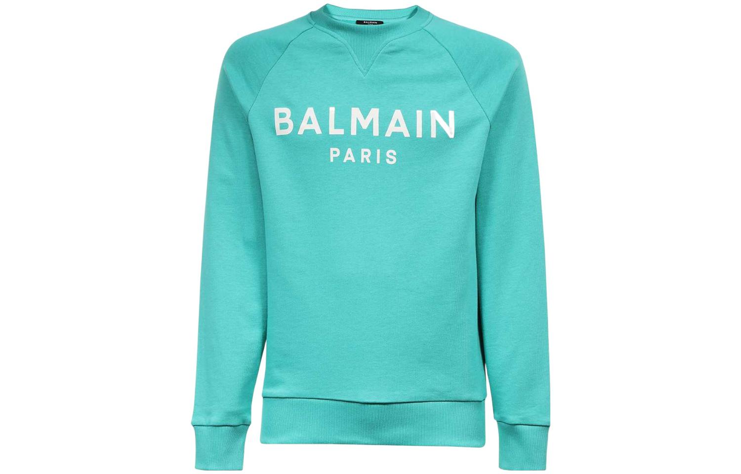 Balmain FW23 Logo Print Raglan Crewneck Sweatshirt Green Mens AH1JQ005-BB65-UDE