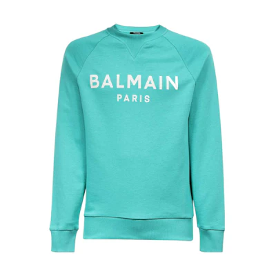 Balmain FW23 Logo Print Raglan Crewneck Sweatshirt Green Mens AH1JQ005-BB65-UDE