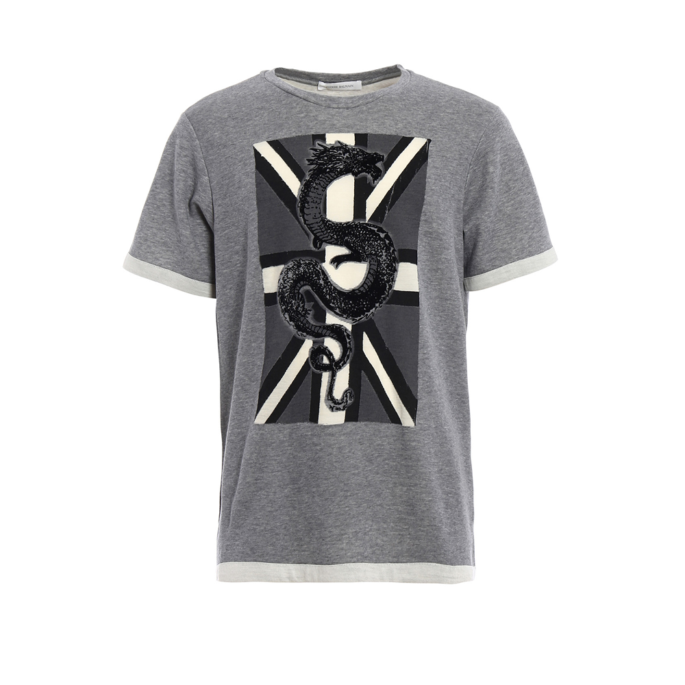 BALMAIN Graphic Printed Crewneck Short Sleeve T-Shirt Men Grey HP67217T-A7284-840