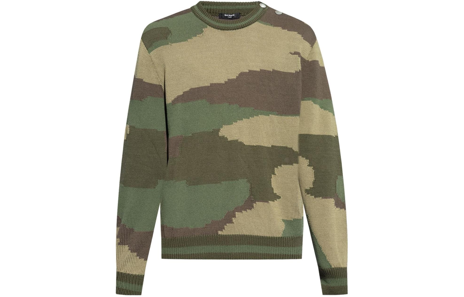 Balmain Green Camo Side-Button Crewneck Pullover Sweatshirt CH2KD010-KG55-UDF