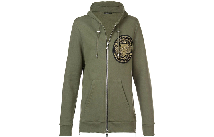 Balmain Green Cotton Logo Hoodie Jacket with Badge Embroidery W8H6643J191B-KAKI