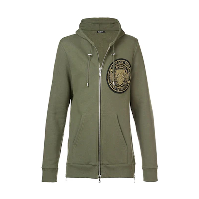 Balmain Green Cotton Logo Hoodie Jacket with Badge Embroidery W8H6643J191B-KAKI