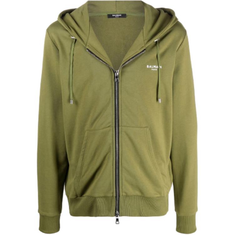 Balmain Green Solid Color Logo Zip-Up Hoodie WH0JX000-B150-UDK