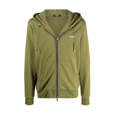 Balmain Green Solid Color Logo Zip-Up Hoodie WH0JX000-B150-UDK